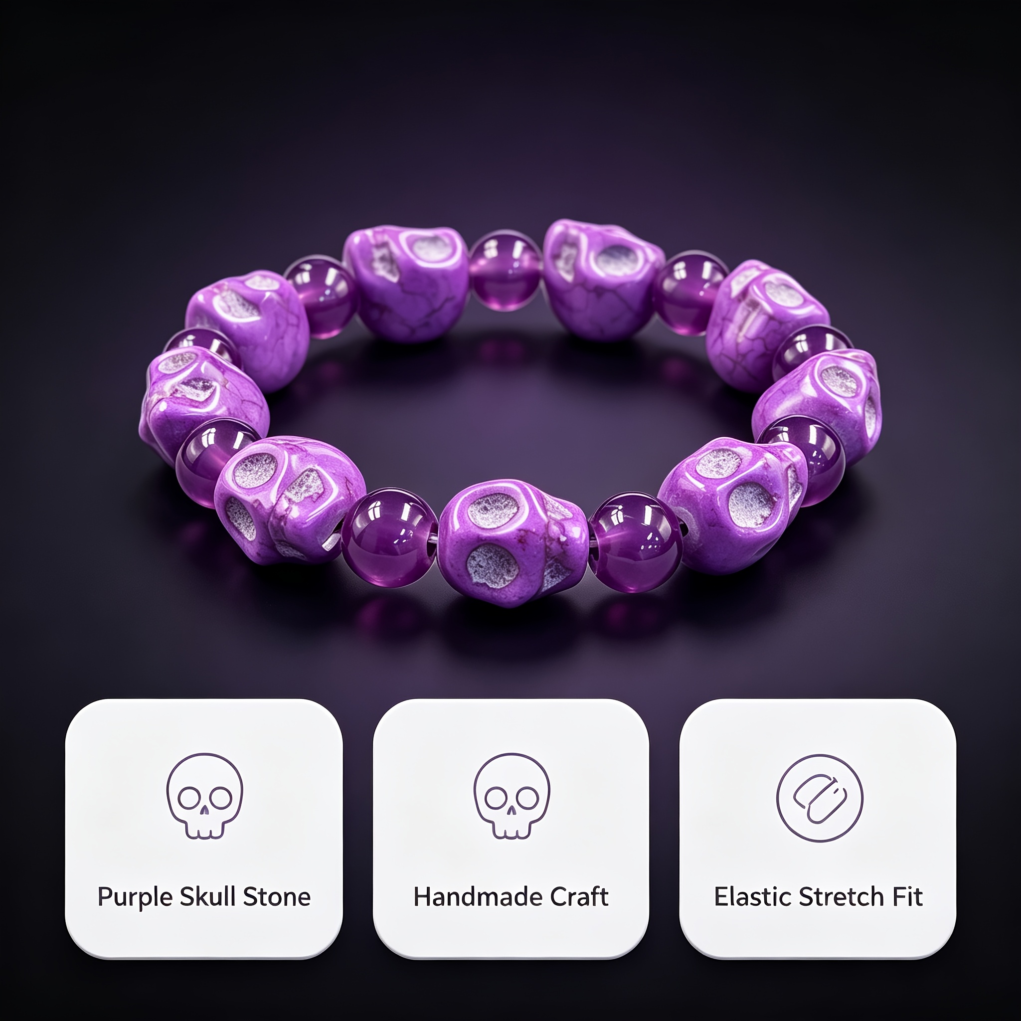 Carved Purple Skull Bracelet with Amethyst Beads
